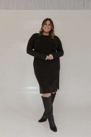 LONG SLEEVE RIBBED KNIT DRESS IN WASHED BLACK - Love Marlow