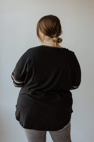 LONG - SLEEVE ROUND NECK TUNIC WITH STRIPE DETAIL IN BLACK - Love Marlow