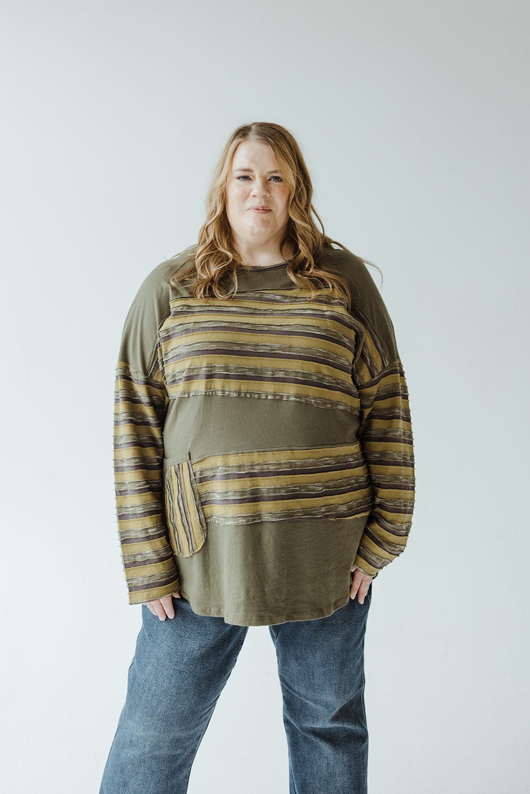 LONG - SLEEVE ROUND NECK TUNIC WITH STRIPE DETAIL IN KALE - Love Marlow
