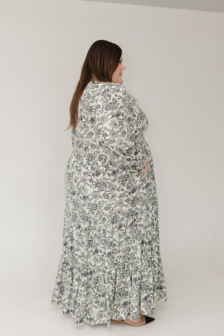 Long - Sleeve V - Neck Maxi Dress – Antique Cream | Blue Floral - Love Marlow