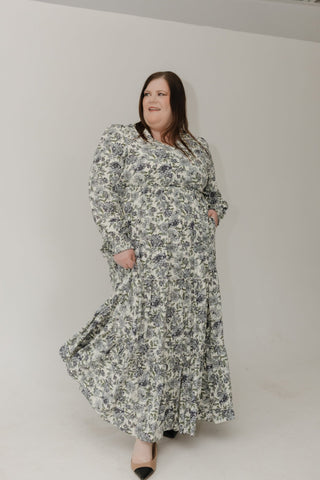 Long - Sleeve V - Neck Maxi Dress – Antique Cream | Blue Floral - Love Marlow