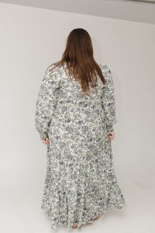 Long - Sleeve V - Neck Maxi Dress – Antique Cream | Blue Floral - Love Marlow