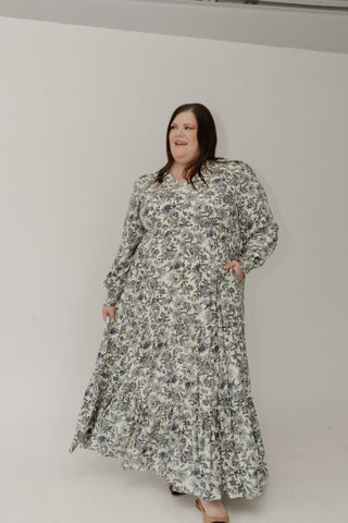 Long - Sleeve V - Neck Maxi Dress – Antique Cream | Blue Floral - Love Marlow