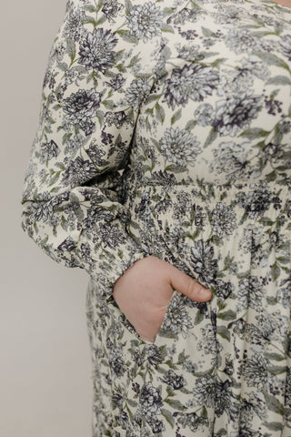 Long - Sleeve V - Neck Maxi Dress – Antique Cream | Blue Floral - Love Marlow