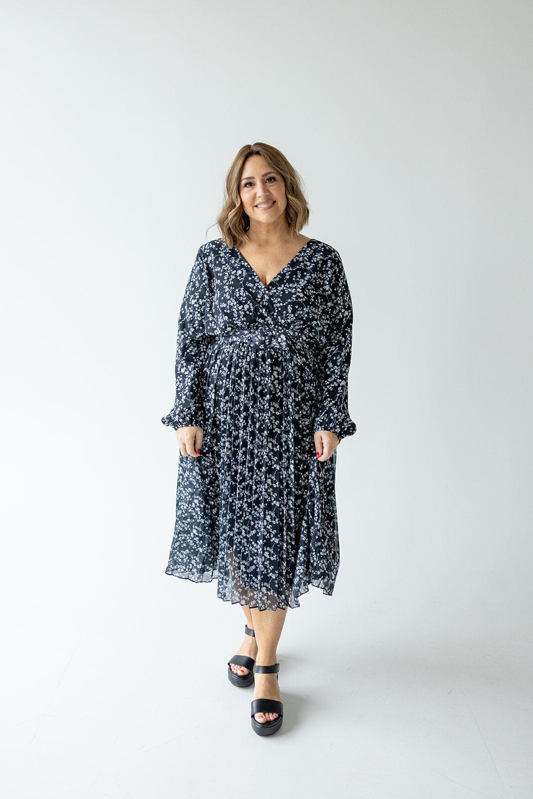 LONG - SLEEVED BELTED MIDI - LENGTH FLORAL DRESS - Love Marlow