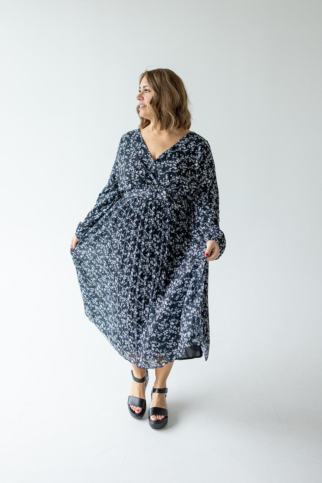 LONG - SLEEVED BELTED MIDI - LENGTH FLORAL DRESS - Love Marlow