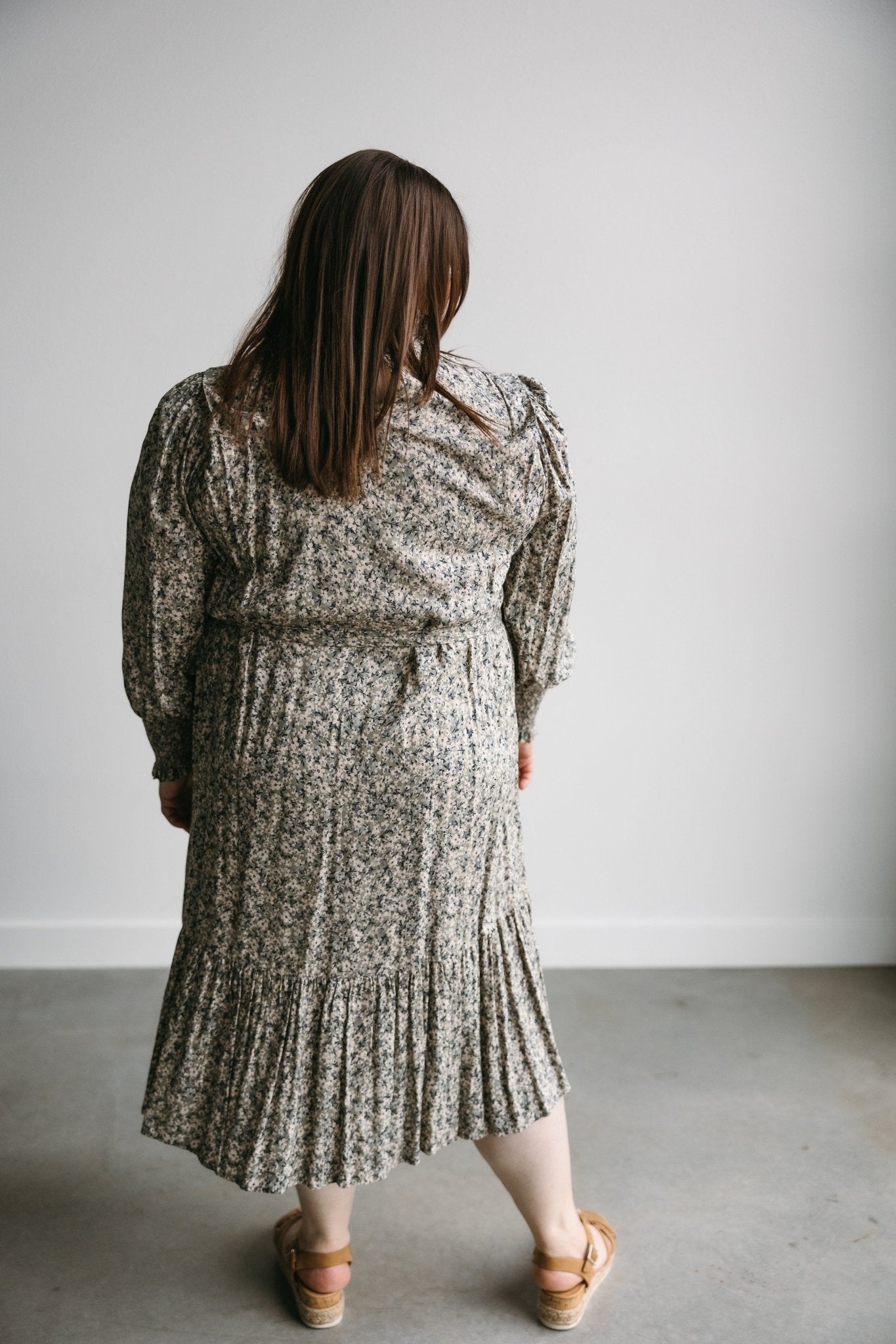 Long-Sleeved Ruffle Hem Midi Dress 18 / Sage Green/ Multi / Final Sale