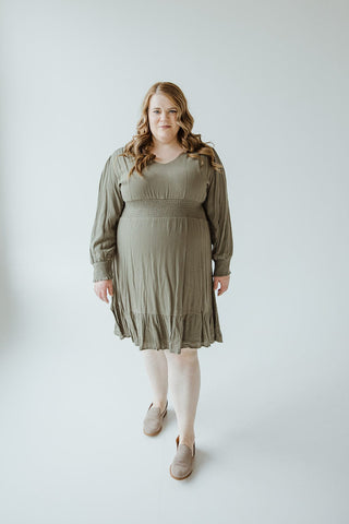 LONG - SLEEVED SMOCKED WAIST MIDI - LENGTH DRESS IN CACTUS - Love Marlow