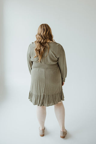 LONG - SLEEVED SMOCKED WAIST MIDI - LENGTH DRESS IN CACTUS - Love Marlow