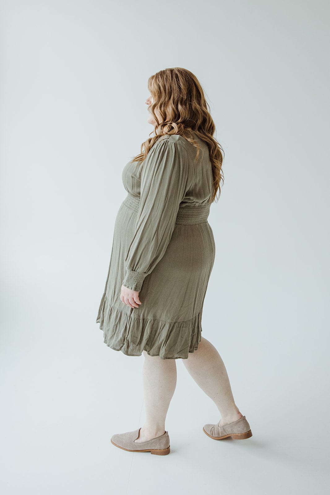 LONG - SLEEVED SMOCKED WAIST MIDI - LENGTH DRESS IN CACTUS - Love Marlow