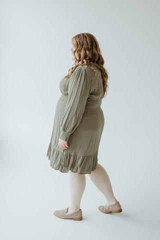 LONG - SLEEVED SMOCKED WAIST MIDI - LENGTH DRESS IN CACTUS - Love Marlow