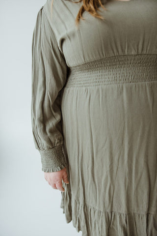 LONG - SLEEVED SMOCKED WAIST MIDI - LENGTH DRESS IN CACTUS - Love Marlow