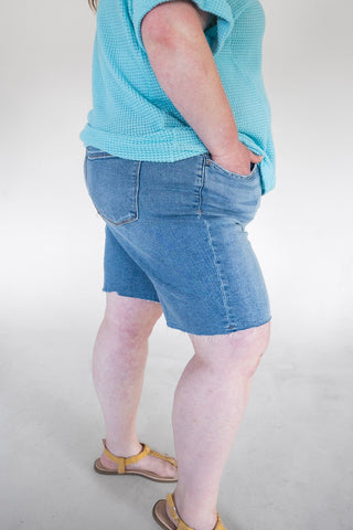 Lovervet Effortless High Rise Raw Hem Bermuda Shorts – Medium Wash - Love Marlow