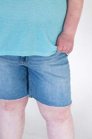 Lovervet Effortless High Rise Raw Hem Bermuda Shorts – Medium Wash - Love Marlow