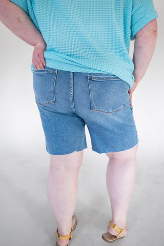 Lovervet Effortless High Rise Raw Hem Bermuda Shorts – Medium Wash - Love Marlow