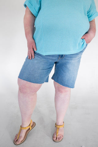 Lovervet Effortless High Rise Raw Hem Bermuda Shorts – Medium Wash - Love Marlow