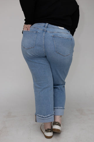 Lovervet Mid Rise Cuffed Slim Wide Jeans – Medium Light Wash - Love Marlow
