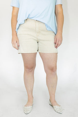 Lovervet Tan Striped Mid-Rise Mom Shorts | Comfort Stretch Denim - Love Marlow