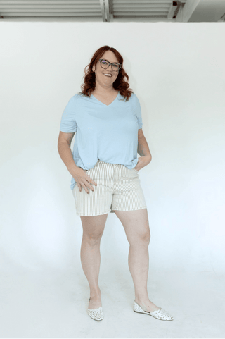 Lovervet Tan Striped Mid-Rise Mom Shorts | Comfort Stretch Denim - Love Marlow