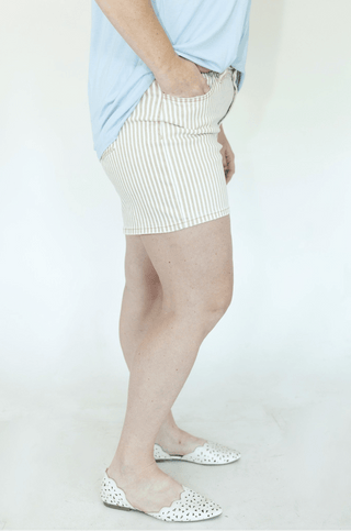 Lovervet Tan Striped Mid-Rise Mom Shorts | Comfort Stretch Denim - Love Marlow