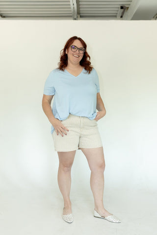 Lovervet Tan Striped Mid - Rise Mom Shorts | Comfort Stretch Denim - Love Marlow