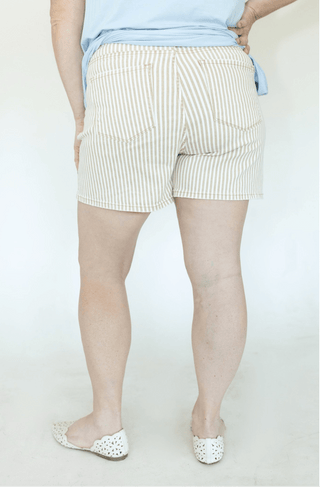 Lovervet Tan Striped Mid-Rise Mom Shorts | Comfort Stretch Denim - Love Marlow