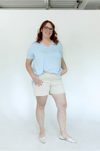 Lovervet Tan Striped Mid-Rise Mom Shorts | Comfort Stretch Denim