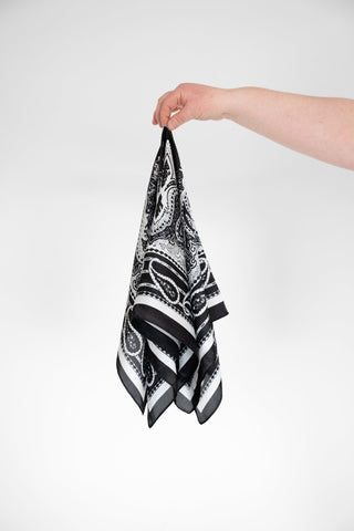 Luxe Paisley Silk - Feel Square Bandana Scarf – Black & Ecru - Love Marlow