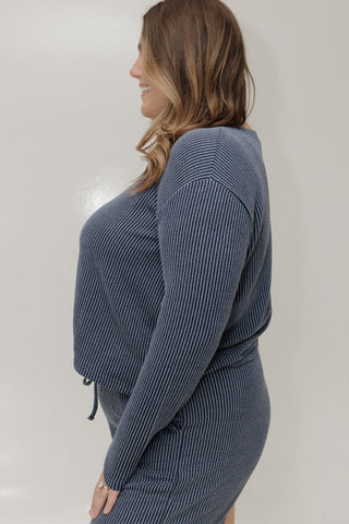 LUXE RIBBED DOLMAN LONG - SLEEVE CREW NECK TEE IN DARK HORIZON BLUE - Love Marlow
