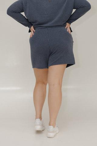 LUXE RIBBED TIE FRONT ELASTIC WAIST SHORTS IN DARK HORIZON BLUE - Love Marlow