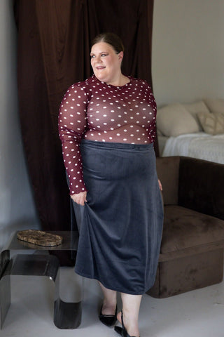 Maroon Polka Dot Mesh Mock Neck Top - Love Marlow