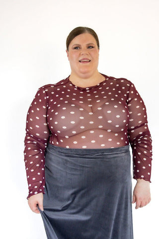 Maroon Polka Dot Mesh Mock Neck Top - Love Marlow