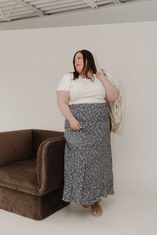 Maxi Skirt – Blue & Tan Floral Faux Button Front - Love Marlow