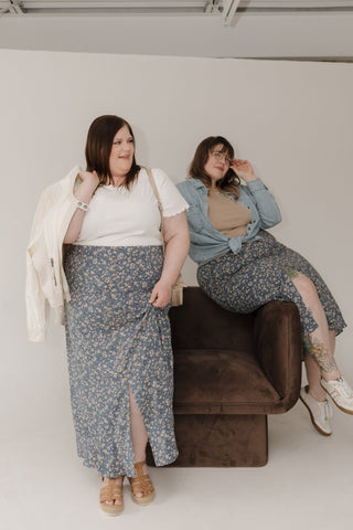 Maxi Skirt – Blue & Tan Floral Faux Button Front - Love Marlow