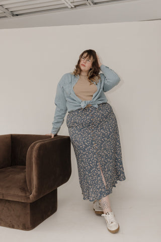 Maxi Skirt – Blue & Tan Floral Faux Button Front - Love Marlow