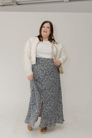 Maxi Skirt – Blue & Tan Floral Faux Button Front - Love Marlow