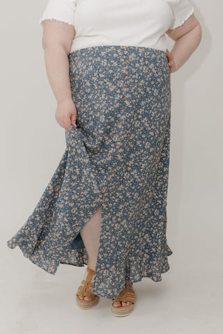 Maxi Skirt – Blue & Tan Floral Faux Button Front - Love Marlow