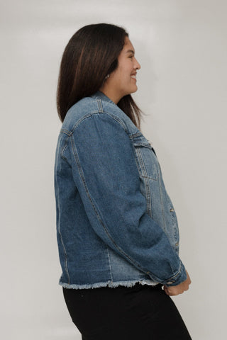MEDIUM WASH DISTRESSED DENIM JACKET WITH STRETCH & FRAYED HEM - Love Marlow