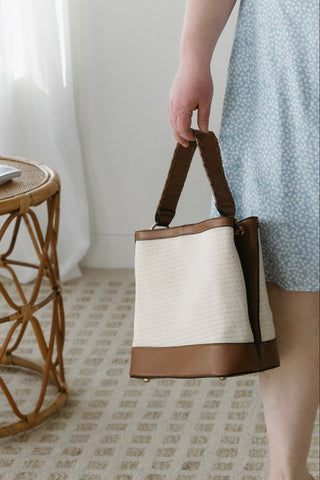 MEDIUM WOVEN SATCHEL IN IVORY AND GREIGE - Love Marlow
