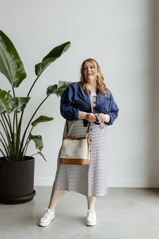MEDIUM WOVEN SATCHEL IN IVORY AND GREIGE - Love Marlow