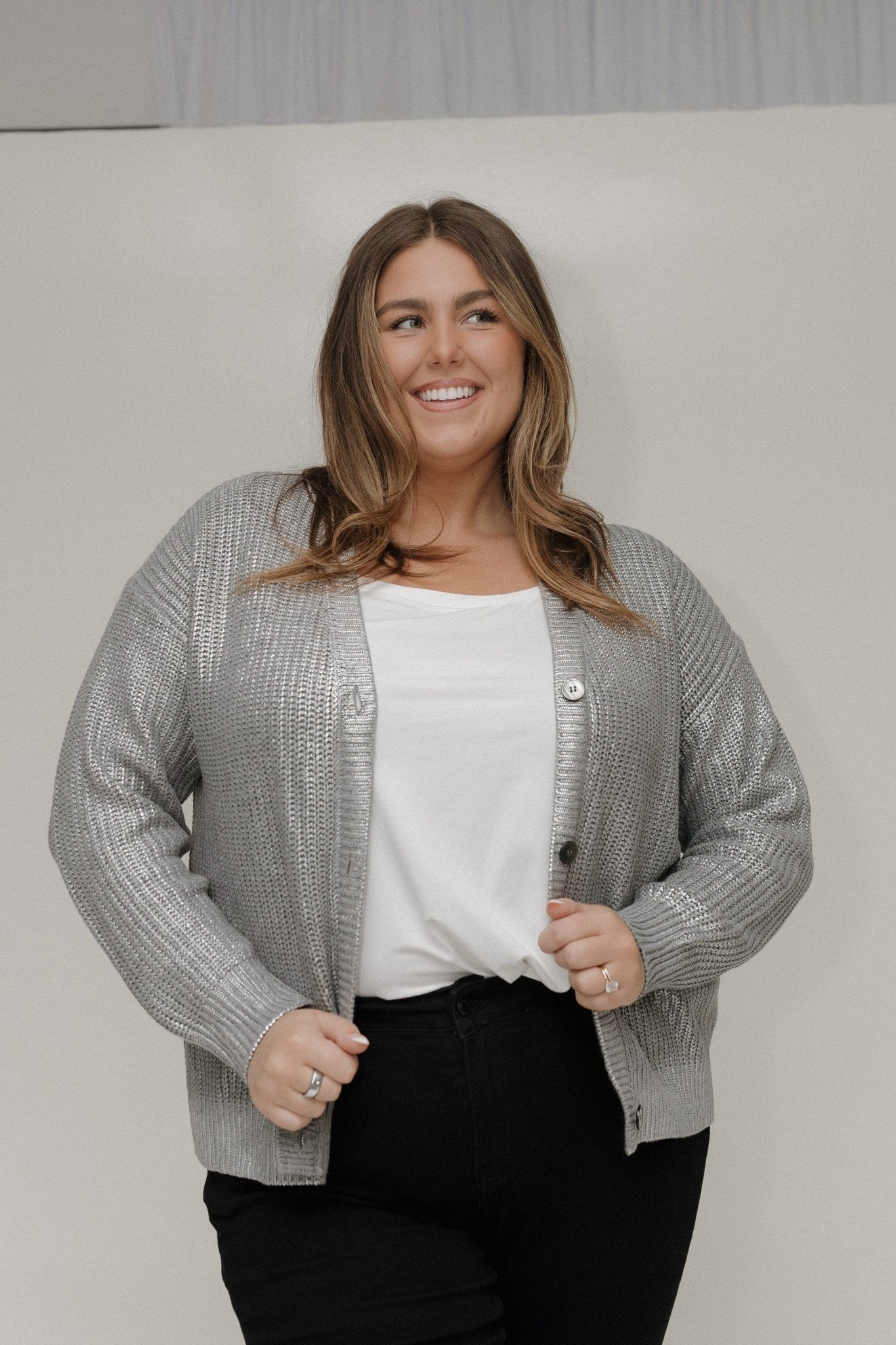 METALLIC SILVER BUTTON FRONT CARDIGAN - Love Marlow