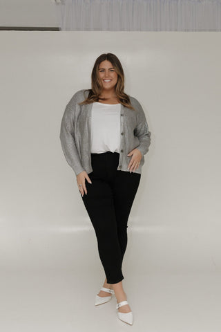 METALLIC SILVER BUTTON FRONT CARDIGAN - Love Marlow