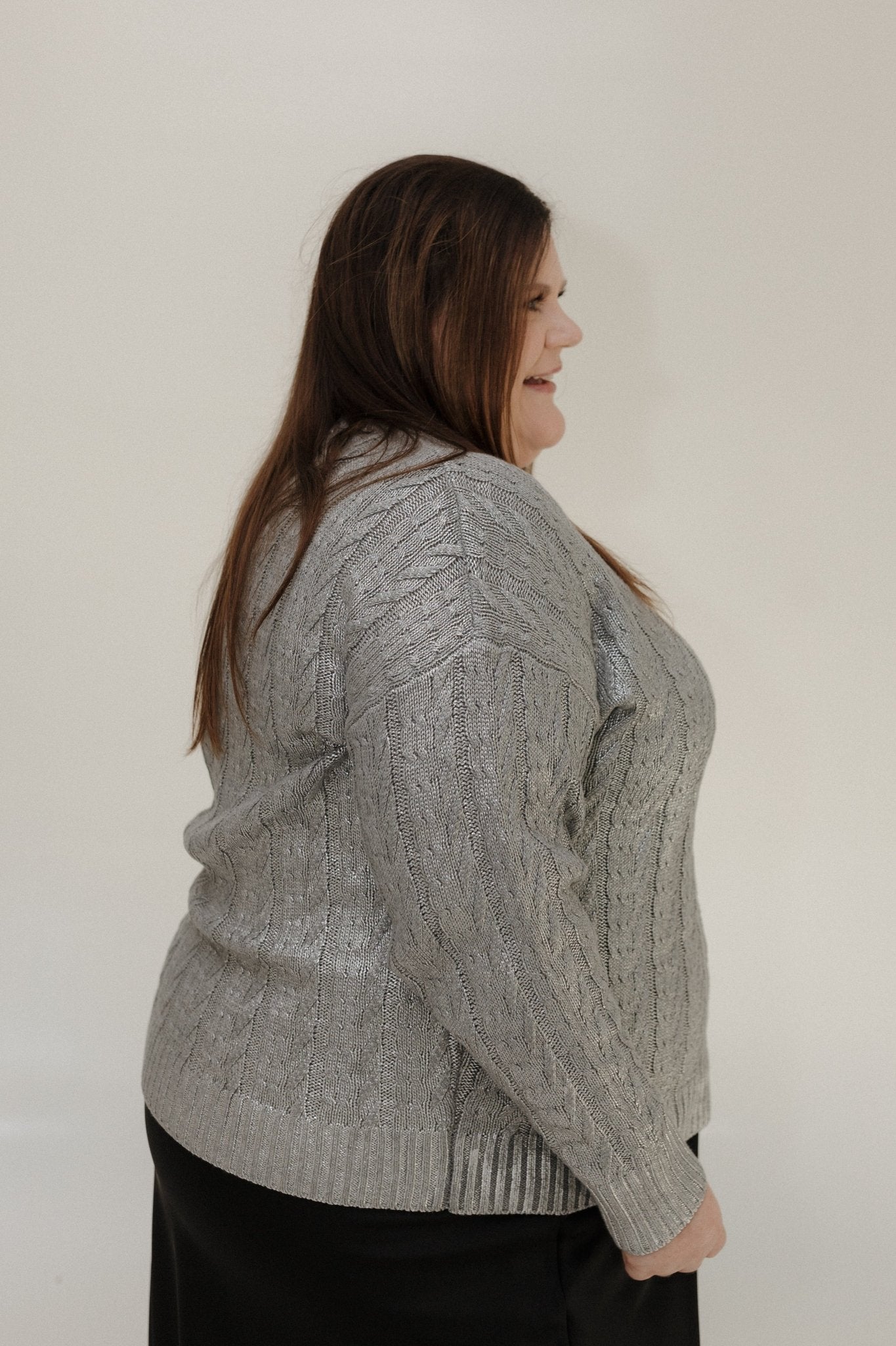 METALLIC SILVER CABLE KNIT SWEATER - Love Marlow