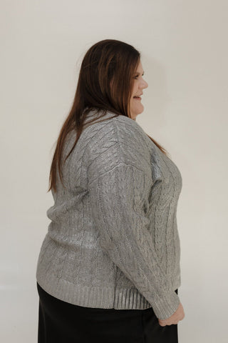 METALLIC SILVER CABLE KNIT SWEATER - Love Marlow