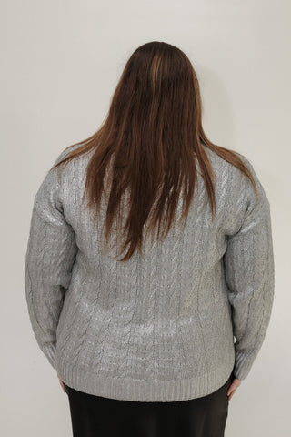 METALLIC SILVER CABLE KNIT SWEATER - Love Marlow