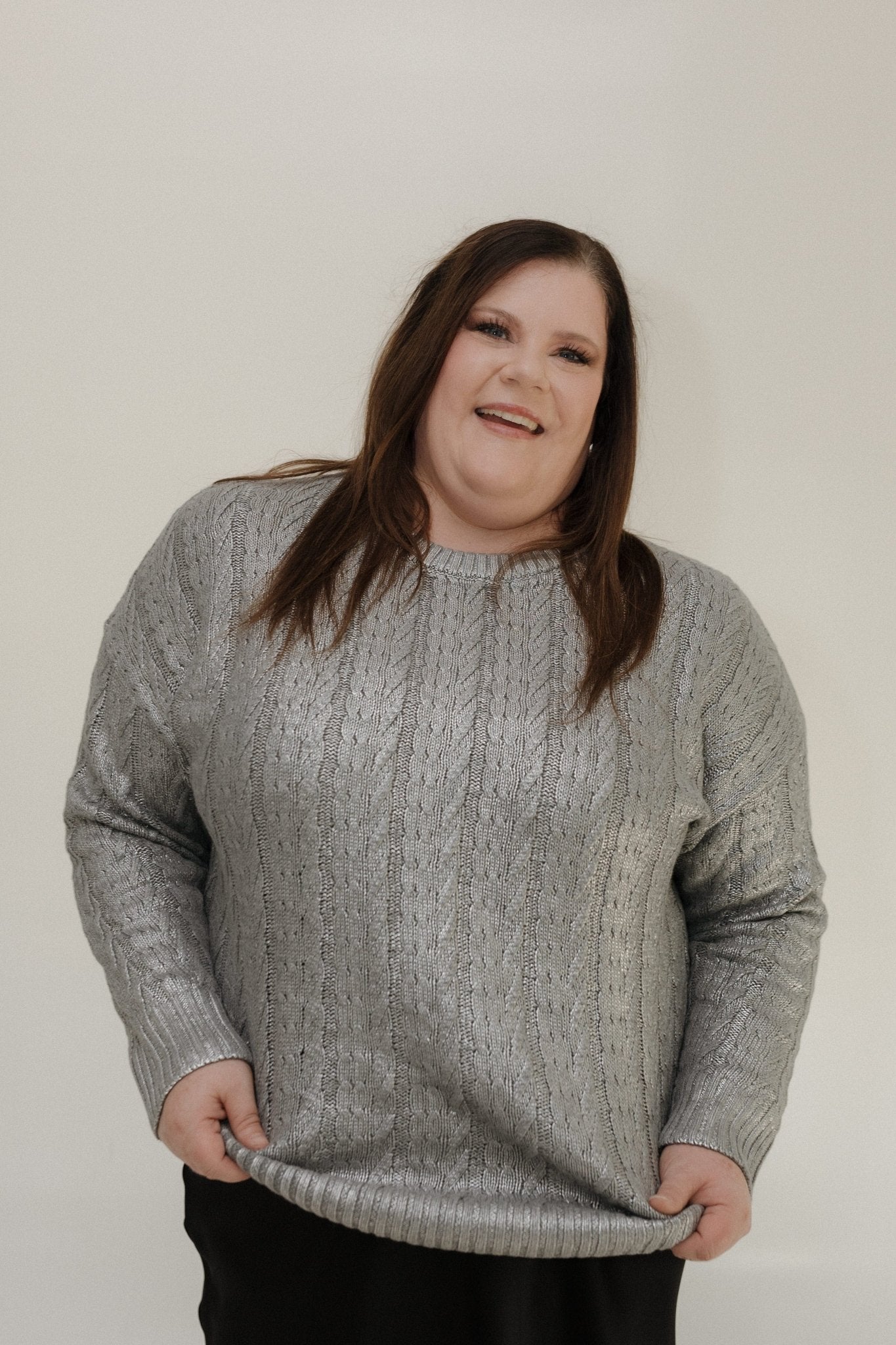 METALLIC SILVER CABLE KNIT SWEATER - Love Marlow