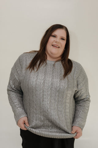 METALLIC SILVER CABLE KNIT SWEATER - Love Marlow