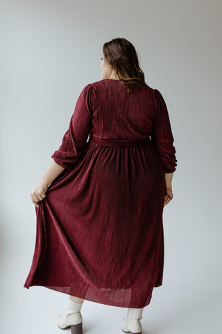 MIDI LENGTH FAUX WRAP PLISSE DRESS IN HOLLY BERRY - Love Marlow