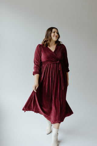 MIDI LENGTH FAUX WRAP PLISSE DRESS IN HOLLY BERRY - Love Marlow