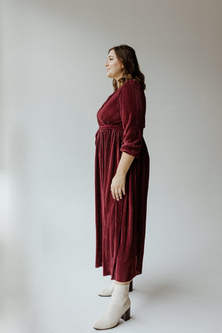 MIDI LENGTH FAUX WRAP PLISSE DRESS IN HOLLY BERRY - Love Marlow